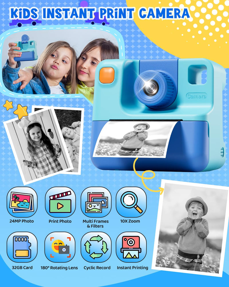 [AUSTRALIA] - Kids Camera Instant Print, Christmas Birthday Gifts for Toddle Girls Boys Age 3-12, 20MP & 1080P Selfie Digital Camera with 3 Roll No-Ink Print Paper 32G SD Card - Blue 