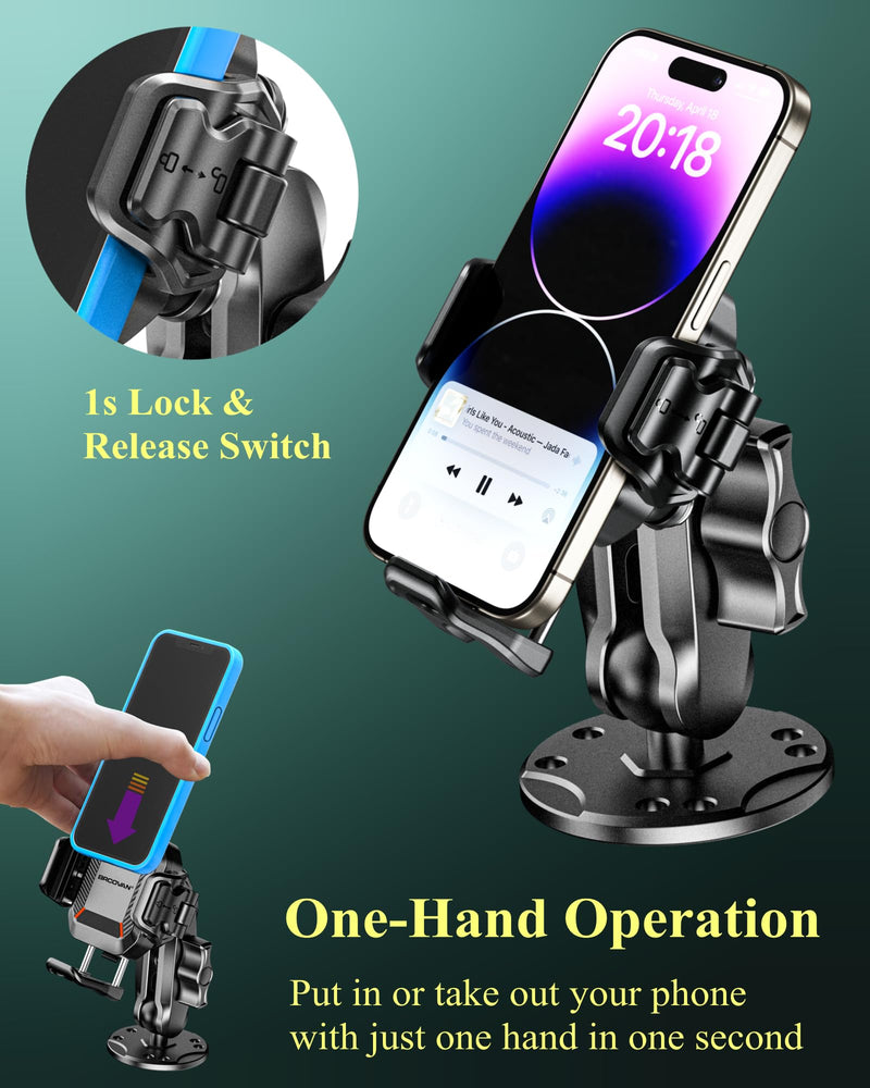 BRCOVAN Anti-Theft Phone Mount Holder with Vibration Dampener, 1s Locking | Don't Block Camera, with Aluminum Round Base & Medium Arm, for Car Boat Truck Motorcycle UTV, Fit 5.4-7.2'' Smartphones