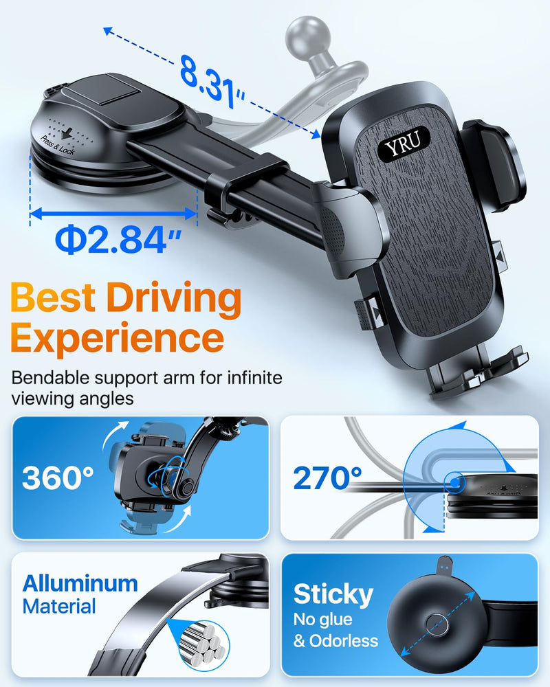 YRU [2026 Ultimate Car Phone Holder Mount [Bendable & Adjustable Aluminum Arm] Cell Phone Holder for Car Dashboard Windshield Phone Stand for iPhone 17 16 15 14 Pro Max Samsung Pickup Truck, Black