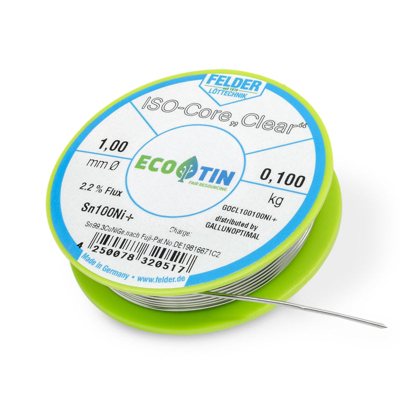 GALLUNOPTIMAL Solder Tin ISO Core Soldering Wire Clear Sn100Ni+ Sn99.3CuNiGe 1 mm on 100 g Spool Made by Felder GmbH in Germany