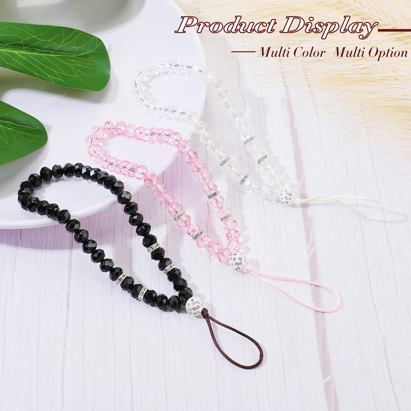 Weewooday 3 Pieces Cell Phone Lanyard Strap Phone Charm Bling Crystal Beads Hand Wrist Lanyard Strap Beaded Women's Wristlet Black, White, Pink