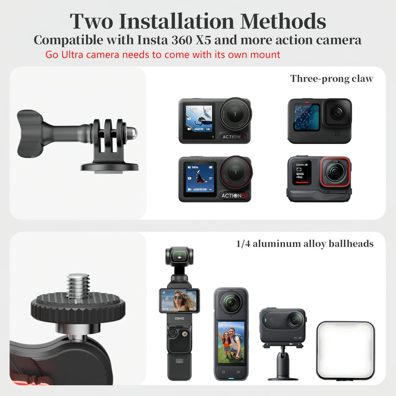 Clamp Camera Mount for DJI Osmo Action 6 5 4 360 Nano for Insta360 X5 X4 Air Go Ultra for Gopro Hero 13 12 11 MAX 2 Metal Fence Motorcycle Bike Mount Handlebar 1/4" Threads Accessories
