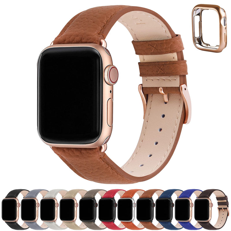 Fullmosa Compatible Silicone Apple Watch Band 40mm Army Green with Bumper Case & Compatible Leather iWatch Band 40mm,Brown+Rose Gold