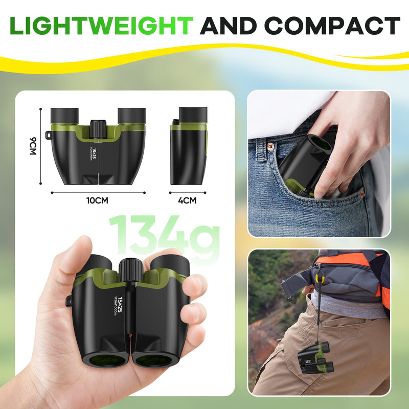 [AUSTRALIA] - Compact Binoculars for Adults and Kids with BAK4 Prism,15x25 FMC Lens Waterproof Binocular with Low Light Vision,Small Binoculars for Cruise Ship Bird Watching (Green) Green 
