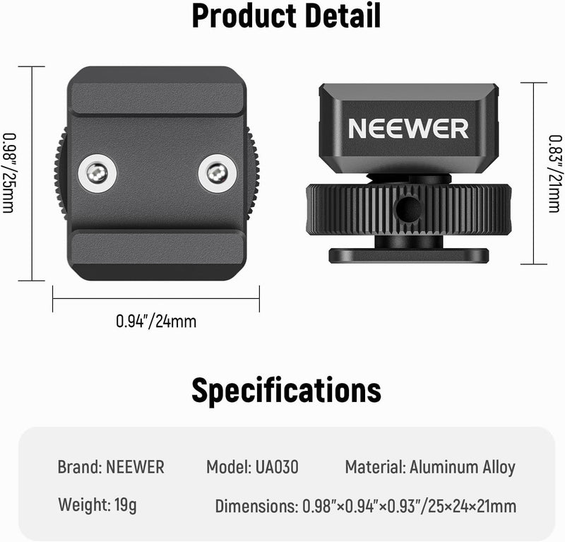 NEEWER Cold Shoe Mount Adapter Compatible with DJI Hollyland Rode Wireless Lavalier Microphone Receiver, Anti Drop Mic Accessories with Retractable Pins, Metal Camera Cage Mount Adapter, UA030 1