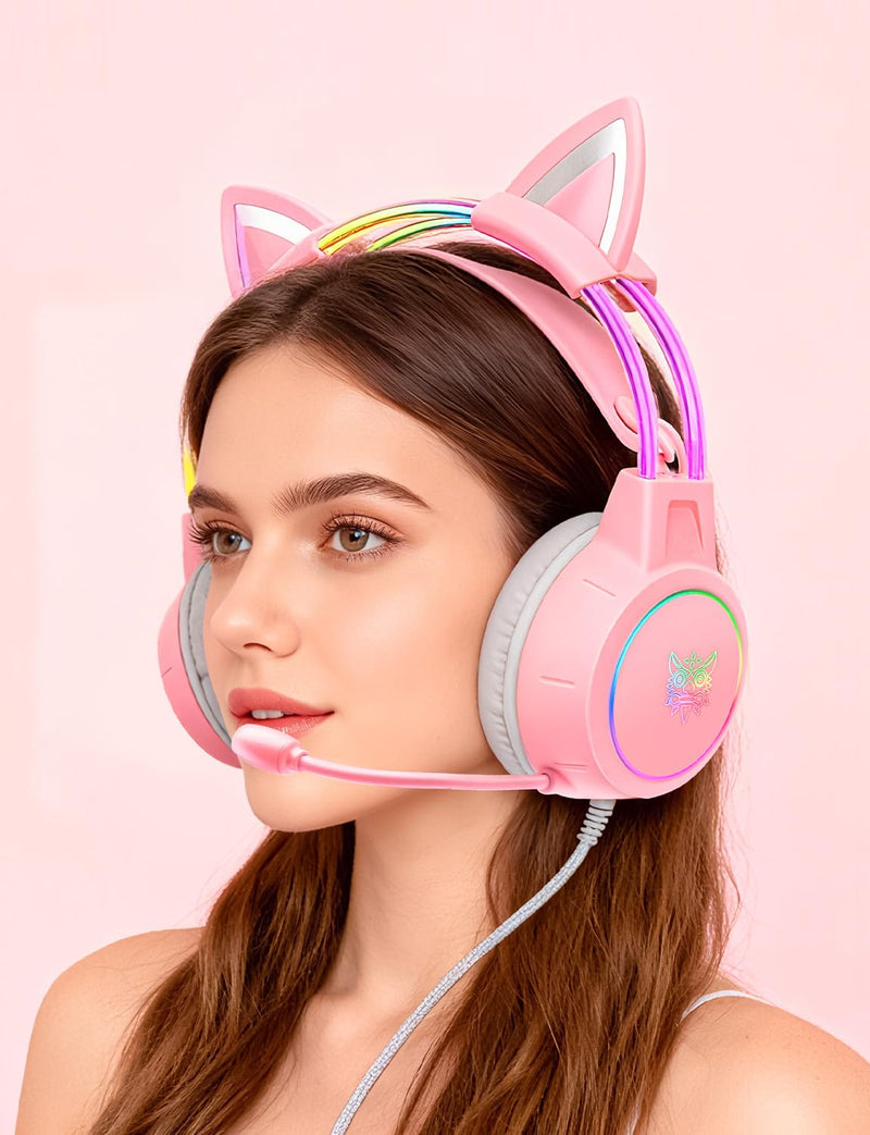 Lightweight Gaming Headset with Detachable Cat Ears, RGB Lighting, Wired Over Ear Headphones with Mic for PC, PS4, PS5, Switch, Stereo Surround Sound, Self-Adjusting Headband Pink Cat Ear