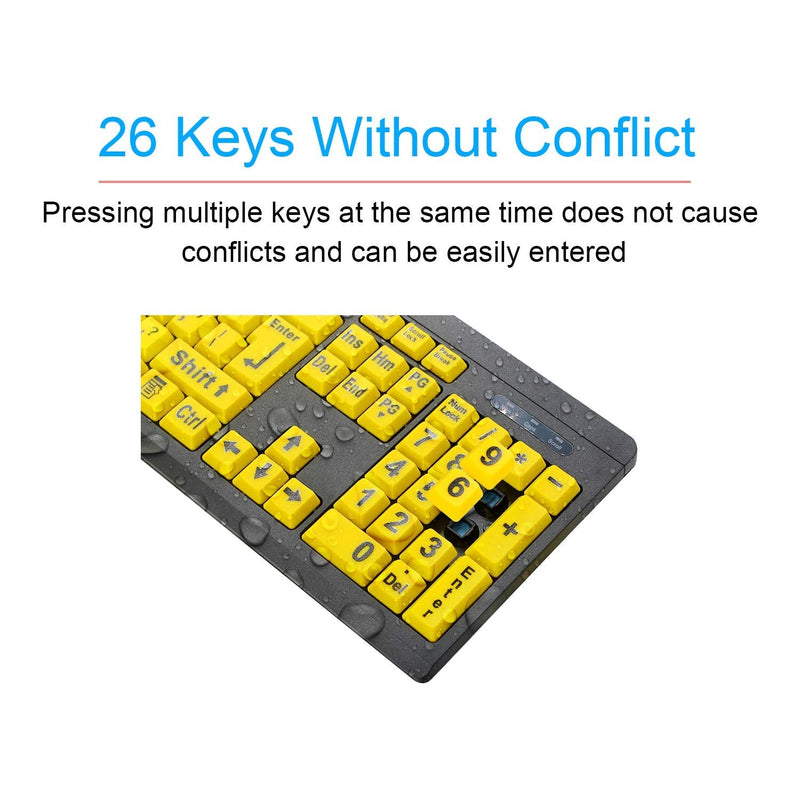 TANIX Large Print Computer Keyboard Wired USB Keyboard Big Print Letter with Yellow Keys High Contrast Yellow Keyboard Makes Type Easy
