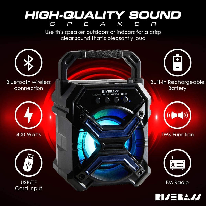 Portable Wireless Bluetooth Speaker for iPhone, Android, iPod and More - Rechargeable Bluetooth Speaker for Kids & Adults - Mini Speaker with Party Lights, for Hiking, Camping, Picnic and Boating Pack of 1 Red