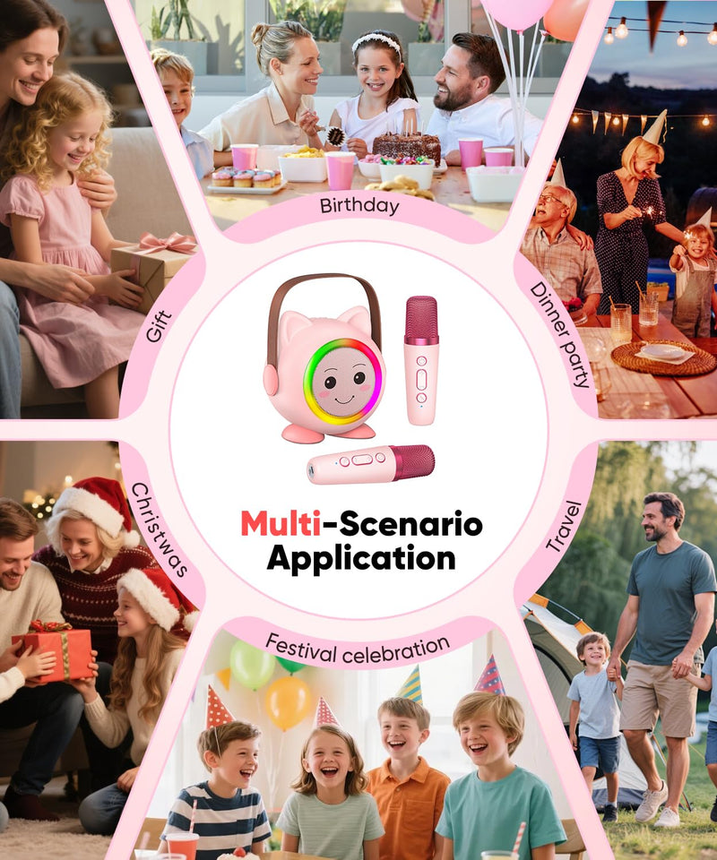 [AUSTRALIA] - Mini Karaoke Machine Toy for Kids, Portable Karaoke Machine with 2 Wireless Microphone for 4,5,6,7,8,9,10,11,12+ Years Old Christmas Birthday Gifts Girls Boys (Pink) Pink 2 Mic 