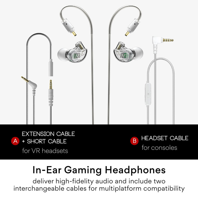 MEE Audio M6 VR Multiplatform in-Ear Earphones with Headset Microphone for PS5, Xbox, Nintendo Switch, PC; Also Includes Short Cable and mounting Bracket for Oculus Quest and Other VR Gaming Headsets 3.5mm Wired for VR Clear