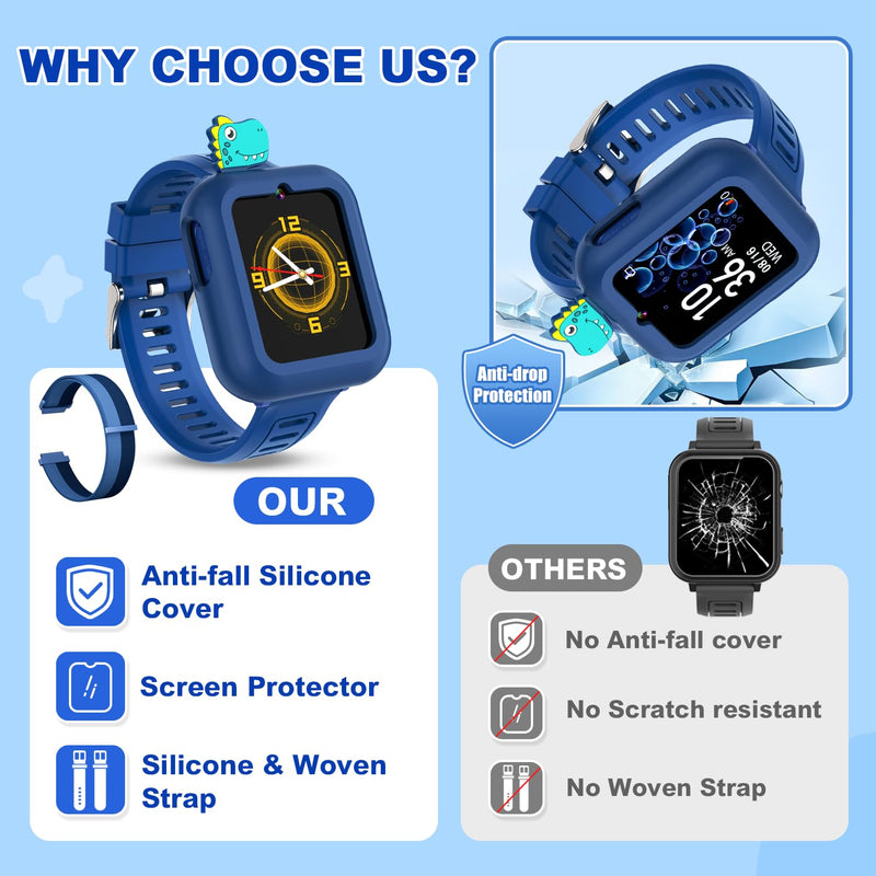 Pink Smart Watch for Kids with 3 Watch Bands and Blue Kids Watch with Selfie-Cam,Puzzle Games, Habit Tracking, Torch, MP3 Player, Voice Recorder, Pedometer