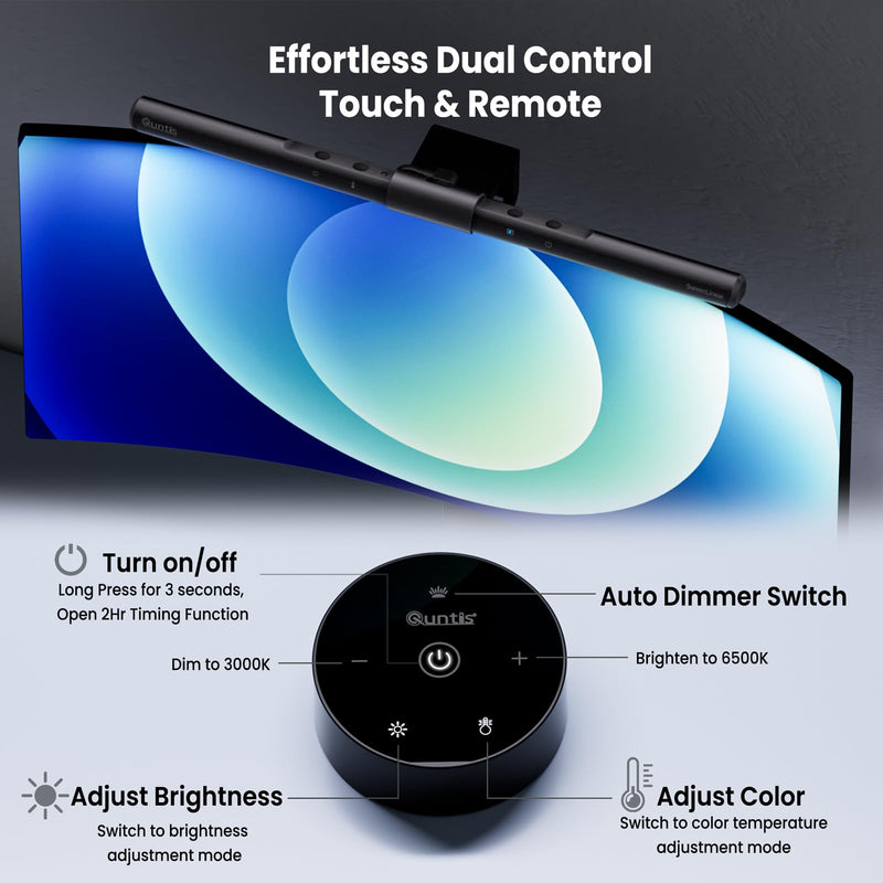 Quntis Computer Monitor Lamp, Screen Monitor Light Bar for Eye Caring, USB Reading LED Task Lamp with Auto-Dimming, Dimmable Light Bar, Touch Control, No Glare Space Saving Home Office Desk Lamps ScreenLinear Pro ‎Gray