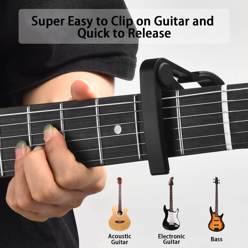 Guitar Tuner, Guitar Accessories with Guitar Picks, Guitar Capo, Capo for Acoustic Guitar, Bass, Buzzing-Free, Quick Release, Guitar Tuner Clip on for Guitar, Violin, Bass, Ukulele Chromatic Black