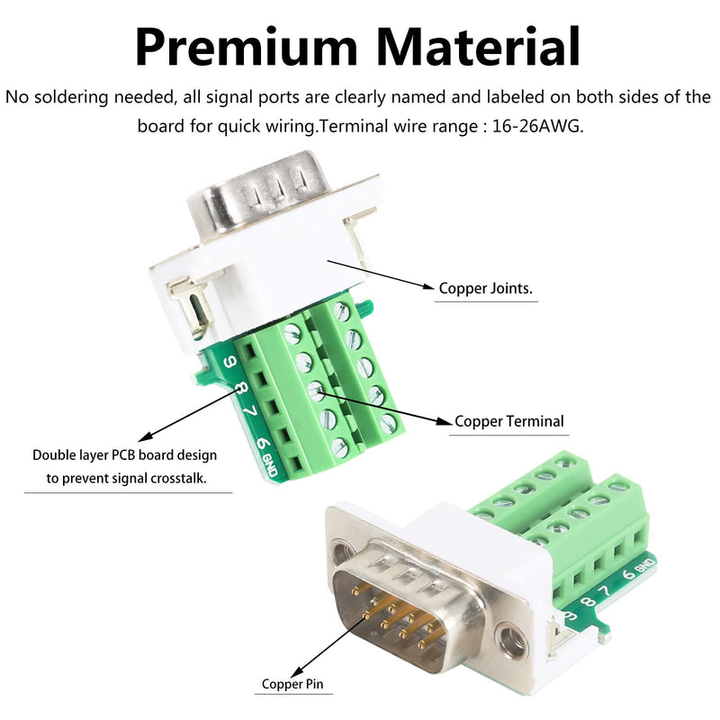 BIFALE DB9 Breakout Connector (3 Male+3 Female), DB9 Solderless Connector RS232 D-SUB Serial Adapters 16mm thinner 9 Pin Port Terminal Breakout Board with Case Long Bolts Tail Pipe 3 Male+3 Female