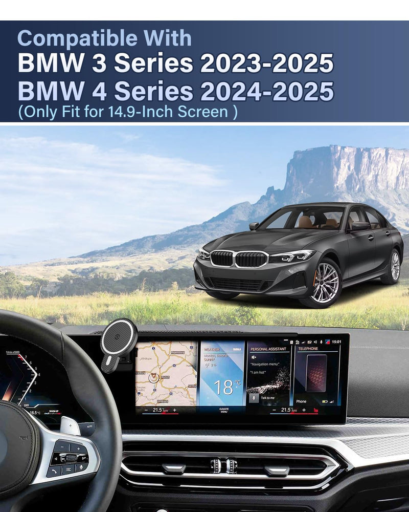 PZK Car Phone Holder for 2023-2025 BMW 3 Series /2024 2025 BMW 4 Series | 14.9-Inch Screen Magnetic 15W Fast Charger Magsafe Car Phone Mount 360° Rotaion With Sunglasses Storage Box Hands-Free Magsafe+ Wireless Charger