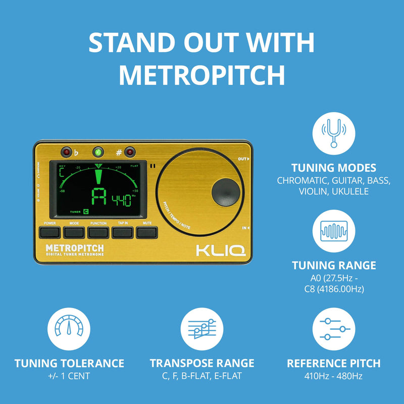 KLIQ MetroPitch - Metronome Tuner for All Instruments - with Guitar, Bass, Violin, Ukulele, and Chromatic Tuning Modes (MetroPitch, Gold)