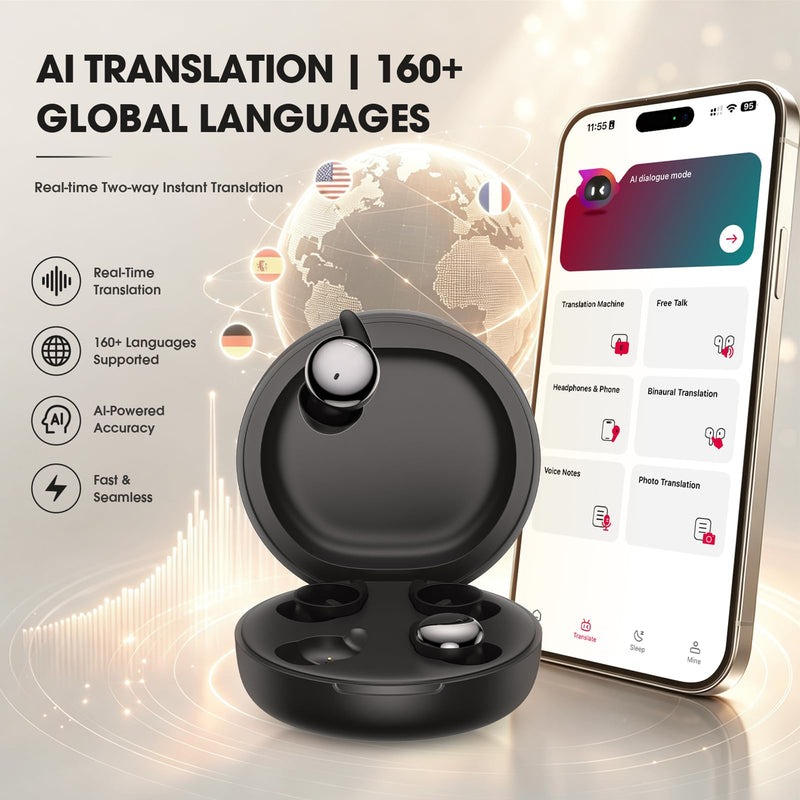 NE90 Wireless Sleep Earbuds for Side Sleepers – Smart Touchscreen Case with Built-in White Noise & AI Translation 164 Languages, Comfort Invisible Design, Sleep Timer Black