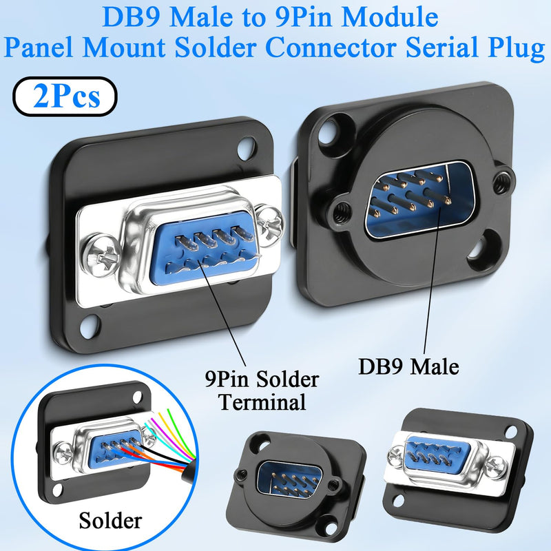 QIANRENON DB9 Panel Mount Solder Connector Serial Plug RS232 DB9 Male Bulkhead Mount Soldering Adapter D-SUB 9Pin Module Locking Screw Hole, for RS232/RS485/RS422 Serial Port COM, 2Pcs
