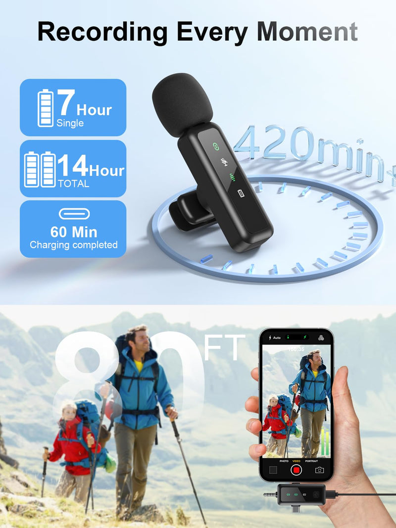 BILIWAL Wireless Lavalier Microphone, Noise Cancelling Lapel Recording Entry-Level 2 Pack Mics, 3IN1 Port for Most Devices 3IN1 RX Mic