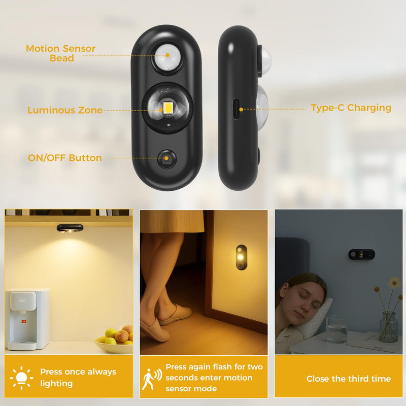 [AUSTRALIA] - LED Motion Sensor Puck Lights, Small Rechargeable Under Cabinet Light, Dimmable Warm White Closet Lights, Wireless Under Cabinet Lighting for Drawer, Kitchen (6 Pack) 6 pack-Black 