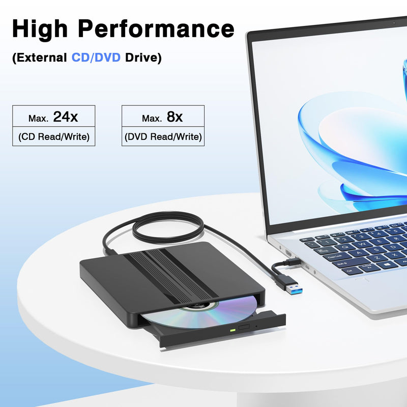 Ultra-Thin External CD DVD Drive with Extra-Long 31.5 Inch Cable | Portable CD/DVD +/-RW Burner USB 3.0 & USB-C Plug & Play Optical Drive for Laptop Desktop PC Windows Mac OS Linux Apple