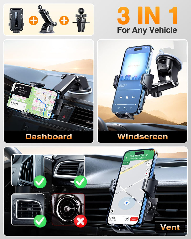 VANMASS 2026 Car Phone Holder【Military-Grade Strongest 90+LBS Suction】 | Phone Holder for Your Car Dashboard Windshield Vent Cell Phone Mount Truck Stand Cradle for iPhone 17 Pro Max 16 15 Android Black