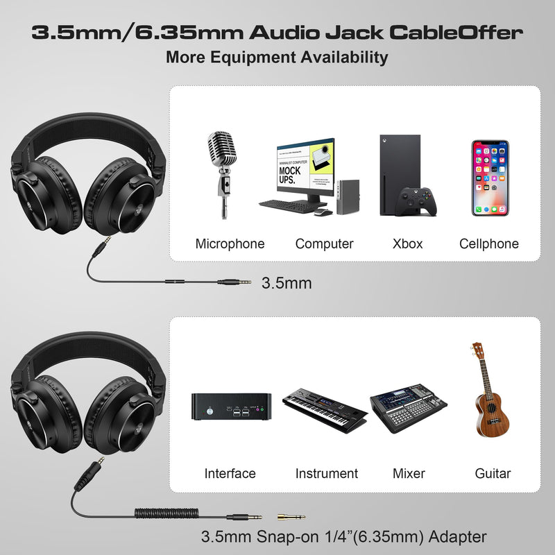 PUPGSIS Wired Over Ear Headphones: Studio Monitor Headphones - Professional 40kHz Hi-Res DJ Stereo Headphones - 1/4 to 3.5mm Audio Jack for Recording/Mixing/Podcast/Guitar/Piano Black