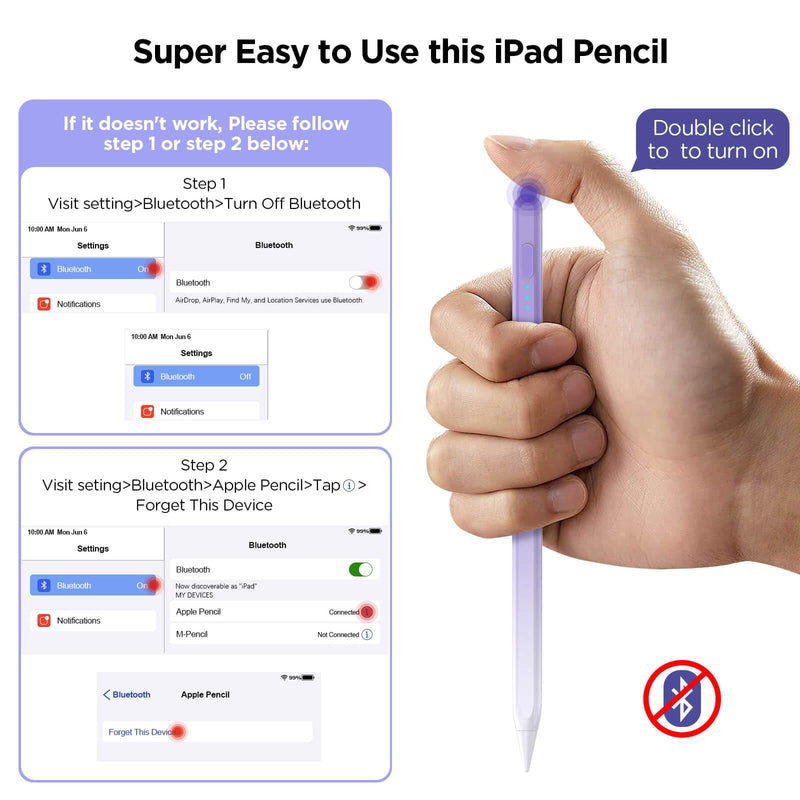 Stylus Pen for iPad 2018-2024, 15Mins Fast Charge for Apple iPad Pencil, Palm Rejection, Tilt Sensitivity, Pen for iPad 10/9/8/7/6, iPad Pro 12.9"/11"/13" M4, iPad Mini 6/5, iPad Air 5/4/3/11"-13" M2 Purple