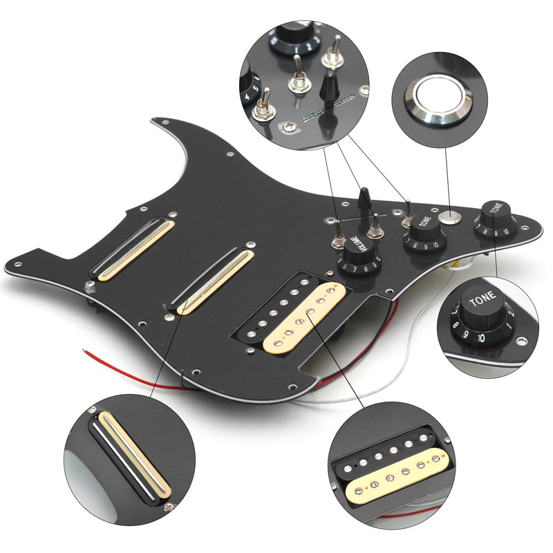 [AUSTRALIA] - SAPHUE SSH-Coil Splitting Electric Guitar Pickguard Two Mini Humbucker + ONE Humbucker(9K/9K/15K)+Silence Switch Loaded Prewired Scratchplate (Black) Black+Zebra 