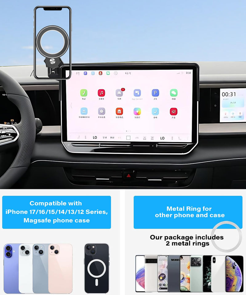 Car Phone Holder for 2025-2026 Volkswagen VW Tiguan 15" Screen Accessories | MagSafe Strong Magnets Clip-On Cell Phone Mount, 360° Rotatable Hands-Free Holder, Not Block Air Vents fit for 2025-2026 VW Tiguan (15 Inch Screen)