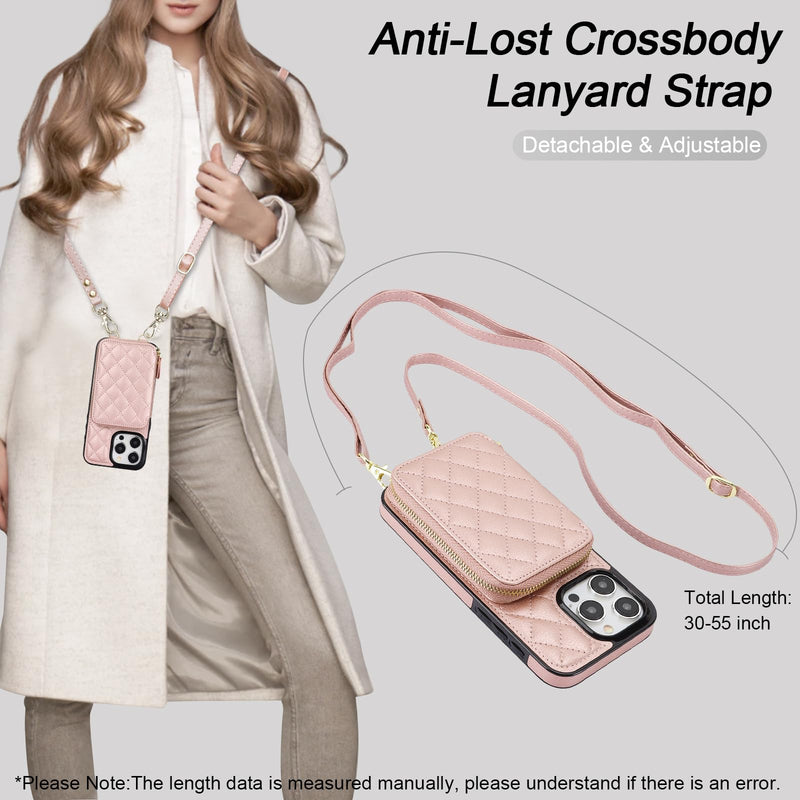 Bocasal Crossbody Wallet Case for iPhone 15 Pro Max, RFID Blocking PU Leather Zipper Handbag Purse Flip Cover, Kickstand Folio Case with Card Slots Holder Wrist Strap Lanyard 5G 6.7 Inch (Rose Gold) Rose Gold