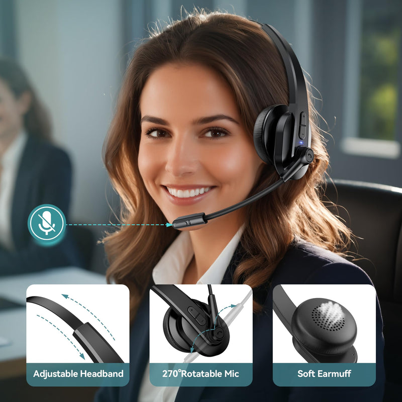 Sarevile Bluetooth Headset with USB Dongle for Computer, Single-Ear Wireless Headset with Noise Cancelling Microphone for Office & Truckers, Bluetooth V5.2 with Mute Button for Work Black