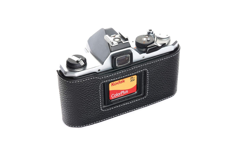 Pentax MX ME Case, BolinUS Handmade Genuine Real Leather Half Camera Case Bag Cover for Pentax MX ME Camera with Hand Strap (Black) Black