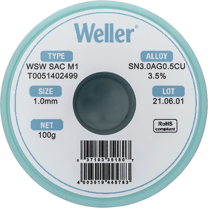 Weller WSW SAC M1 (T0051402499) Lead-Free Solder Wire, Diameter 1.0 mm, Alloy Sn96.5Ag3Cu0.5, Flux Content 3.5%, 100 g 1,0mm, 100g