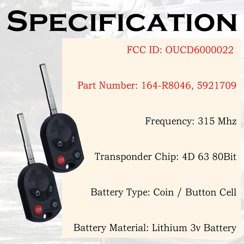 Keyless Entry Remote Control Head Key Fob Replacement Fits for Ford Focus 2012 2013 2014 2015 2016 2017 2018 2019 2020 C-MAX Escape Fiesta 2014-2020 Transit Connect 164-R8046 5921709 OUCD6000022