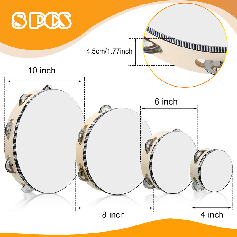 Reginary 8 Pcs Tambourine for Adults Handheld Wood Tambourine 4 Size Single Row Metal Jingles Musical Educational Gift Rhythm Percussion Instrument for Church Party Ktv(Natural) Natural