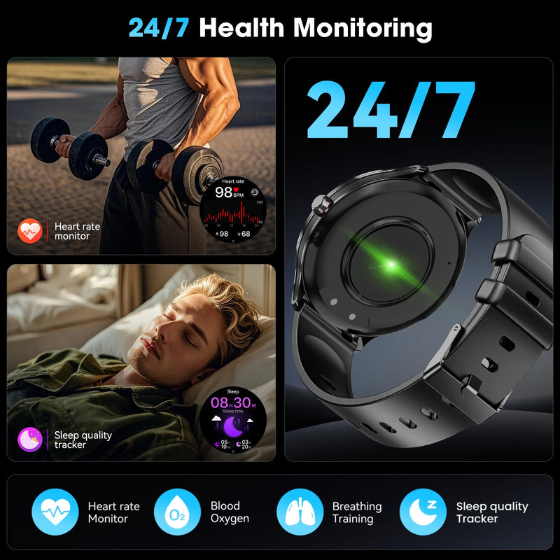 Smart Watches for Women Men, 1.75" AMOLED Smart Watch with Bluetooth Calling, Fitness Tracker with Heart Rate Sleep Monitor, IP68 Waterproof, 100+ Sports Modes, Compatible with iPhone Android Black