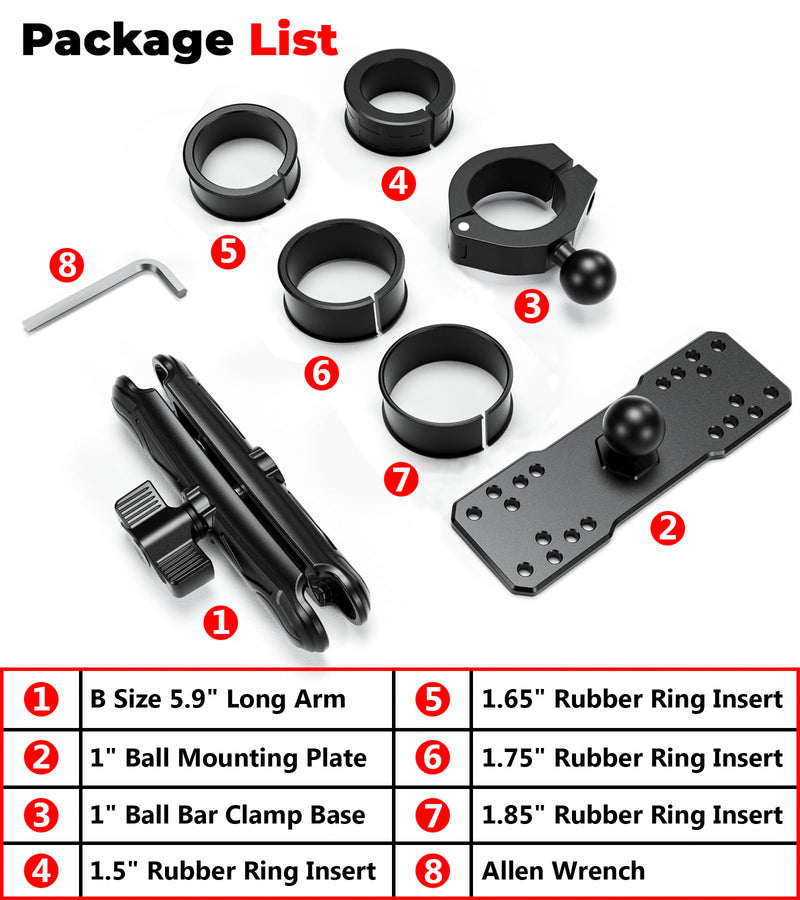 VAZESWIN 1" Ball Fish Finder Mount for 1.5"/1.65"/1.75"/1.85"/2" Round Rail | Aluminum Alloy Universal Marine Electronic Mount with 5.9" Long Arm, Rectangular Plate & Bar Clamp Base for Garmin, Lowrance