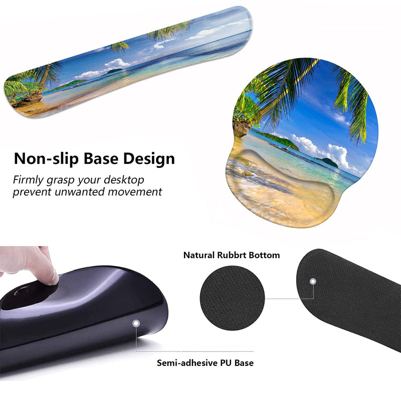 Keyboard Wrist Rest and Mouse Pad Wrist Support Set with Coasters, Non-Slip PU Base Ergonomic Gaming Mousepad for Home Office Working Studying Easy Typing & Pain Relief, Shore Palms Tropical Beach