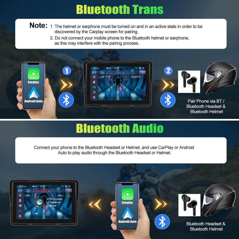 CAMECHO Motorcycle CarPlay Screen, 5" Waterproof Portable Wireless CarPlay Android Auto for Motorbike, Touch Screen Car Stereo Support Dual Bluetooth, Mirror Link, EQ, Siri Voice Control