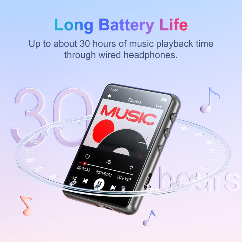 [AUSTRALIA] - MECHEN 64GB MP3 Player Bluetooth 5.3 with 2.4" Full Touch Screen，Portable Digital Music Player with Speaker，FM Radio, Line Recording, HiFi Lossless Sound, Support up to 128GB. (Gray) Gray 