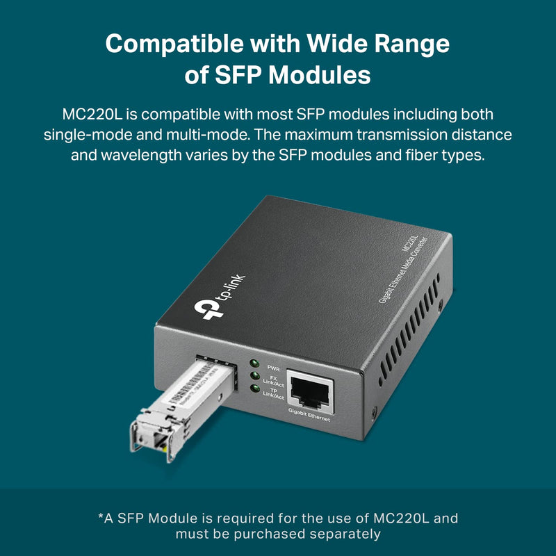 [AUSTRALIA] - TP-Link MC220L | Gigabit SFP to RJ45 Fiber Media Converter | Fiber to Ethernet Converter | Plug and Play | Durable Metal Casing | Versatile Compatibility | Auto-Negotiation | UL Certified Grey 