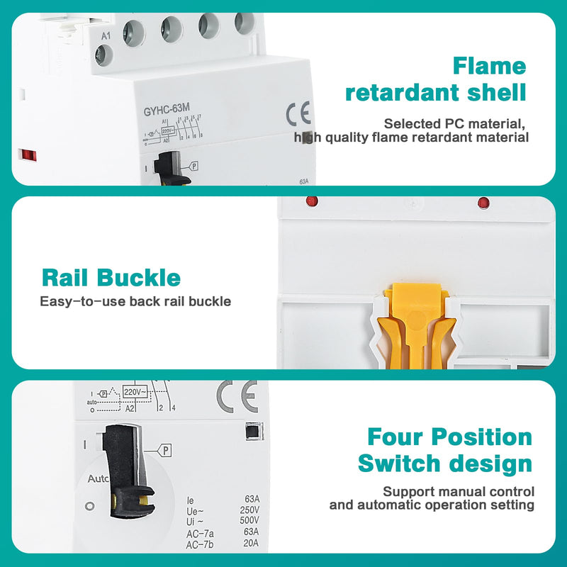Ailao Contactor 400 V 3 Phase 4 Wire AC Contactor AC Household Contactor 4P 63A 4NO Ultra Quiet and Highly Efficient Flame Retardant DIN Rail Manual Automatic Model