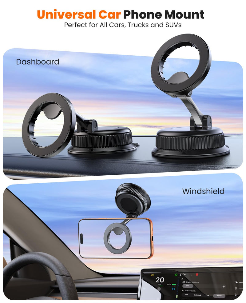 Magnetic Car Phone Holder, for MagSafe Car Mount, Nano Gel Suction Car Phone Mount for Dashboard, Cell Phone Stand for Your Car, 360°Rotatable & Foldable for iPhone 17 16 15 14 13 12 Series Black Nano-Gel Grip