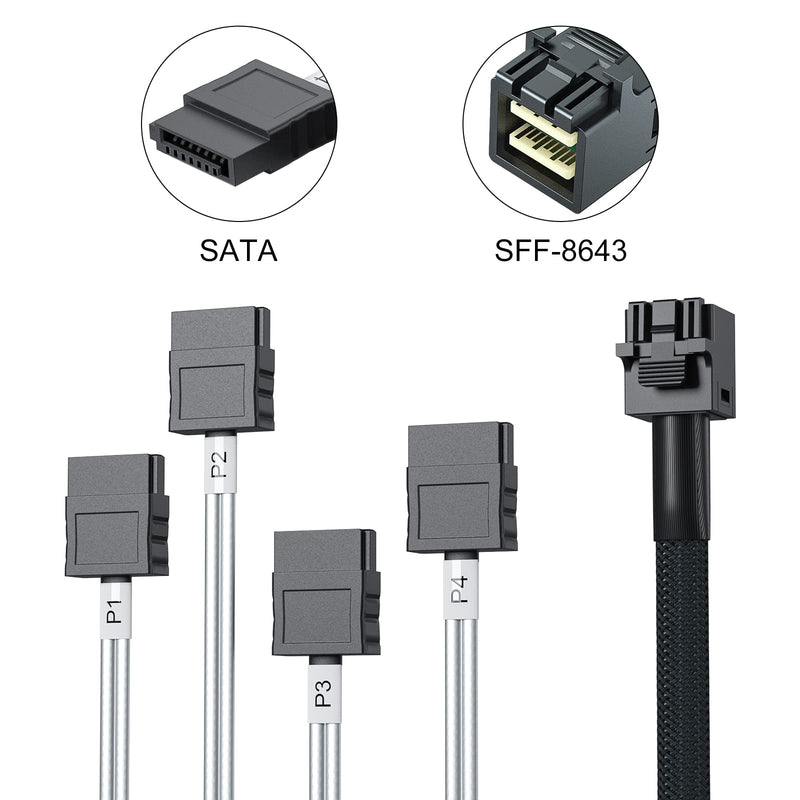 10Gtek MiniSAS HD SFF-8643 Breakout to 4xSATA Cable, Compatible with Raid Controller Hard Drive, 0.5m(1.6ft) 8643-4xSATA