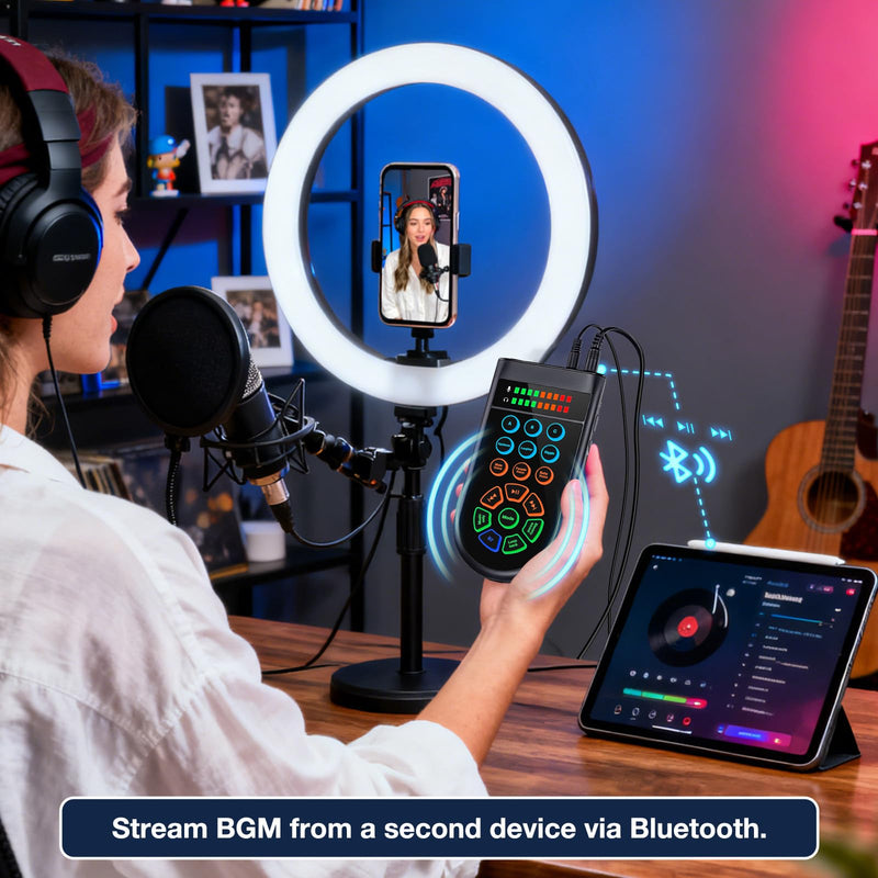 [AUSTRALIA] - M300 Small Handheld Sound Card Set for Singing & Live Streaming, Voice Changer with Reverb/Vocal Enhancement/Vocal Changer/Sound Effects, w/AUX/Type-C/Bluetooth in, Includes Condenser Mic & Headphones 