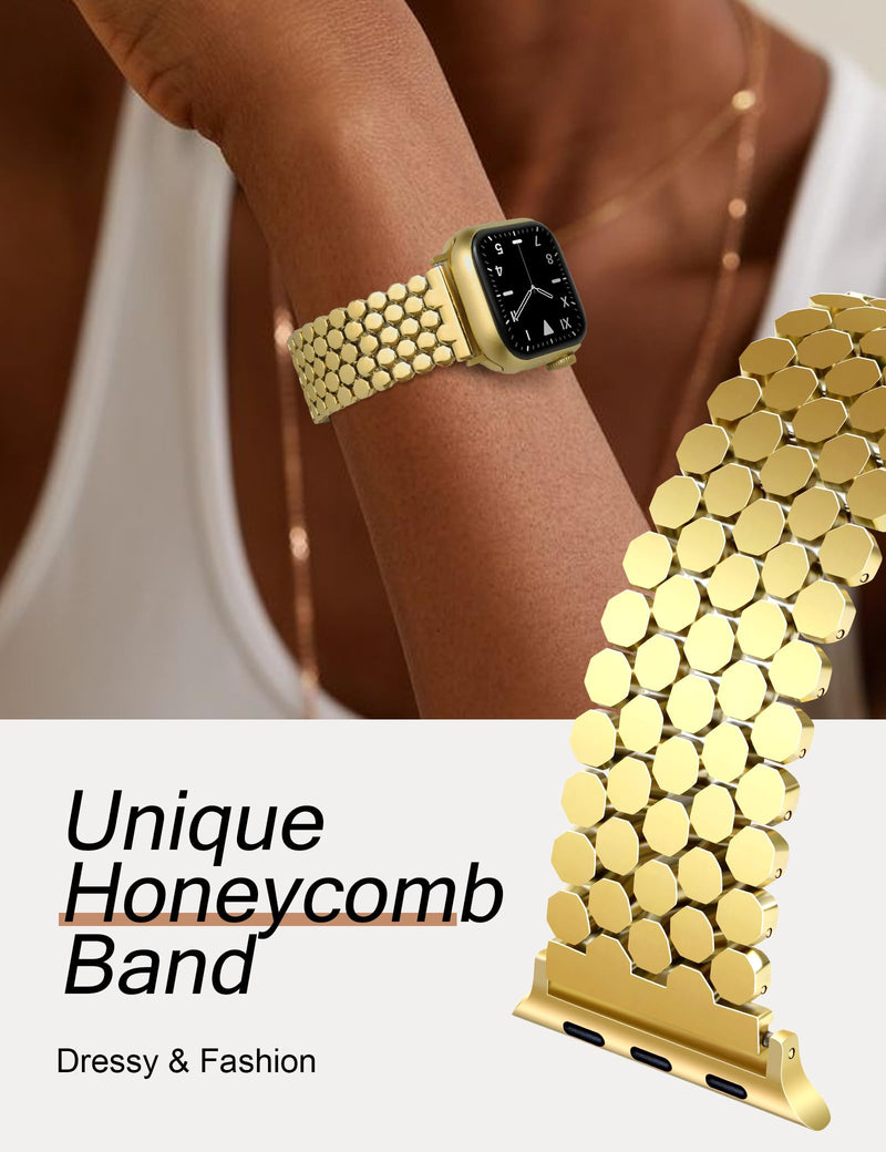 JR.DM Honeycomb and beaded Bands Compatible with Apple Watch 38mm 40mm 41mm 42mm 44mm 45mm 46mm for Women, Dressy Gold Silver Metal Strap Replacement for iWatch Series 10/9/8/7/SE/6/5/4/3/2/1