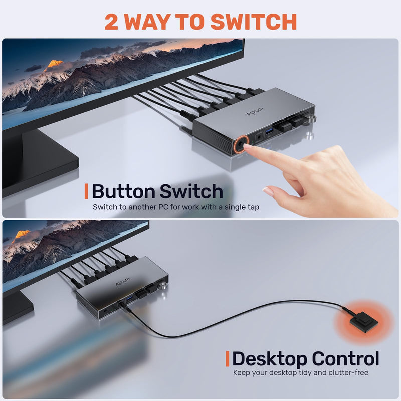 Alxum DP 1.4 KVM Switch Displayport 2 Computer 1 Monitor for Desktop Laptop | 8K 60Hz DP KVM Switcher 2 in 1 out 4USB Ports for Keyboard Mouse Printer,Dual Display Port Single Monitor with Power Delivery