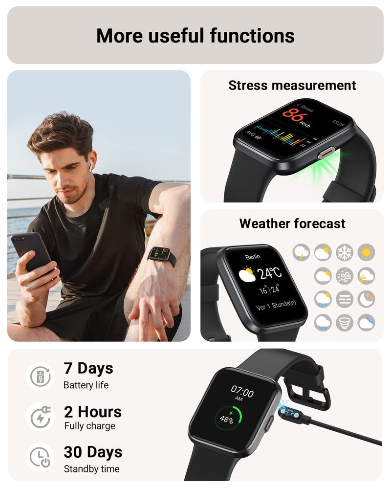 Tensky Smart Watch for Men/Women Android/iPhone/Samsung, Alexa Built-in, 1.8" Touch Screen Fitness Tracker with Answer/Make Calls, 3ATM Waterproof Heart Rate/Sleep/SpO2 Monitor, 120+ Sport Modes Black