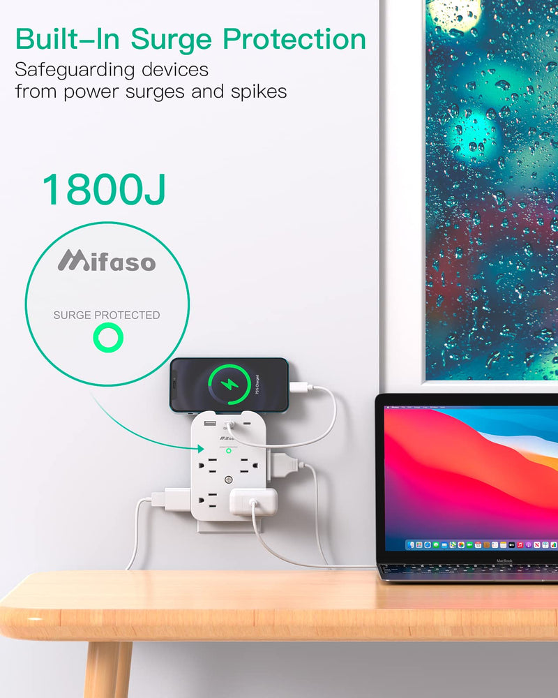 Mifaso Outlet Extender - Wall Surge Protector with 8 Outlets 3 USB 2 USB C, 1 USB A Multi Plug Outlet Splitter, Wall Mount Adapter with Top Phone Holder for Home, School, Office 1800 Joules White - 8 Outlets